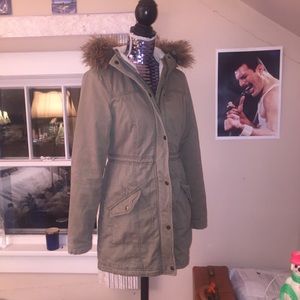 Olive Parka Coat w/ removable Faux Fur Hood Liner